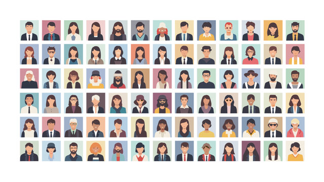 Diverse collection of flat style avatars showcasing various professions and personalities