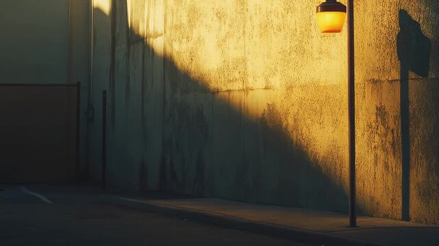 Glowing street lamp throws warm light and deep shadows on a weathered concrete building wall, evoking quiet, solitary urban mood on an empty nighttime sidewalk