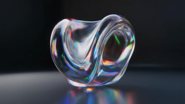 A sleek, crystal object with swirling patterns sits on a dark reflective surface, illuminated by soft light, creating a mesmerizing visual effect.