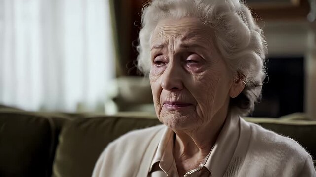 Elderly Woman Tears Up Looking at Framed Photo on Green Sofa Interior