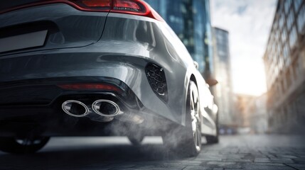 The gray sports car rear with twin exhausts emitting steam on urban pavement