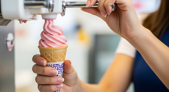 A person serving a pink ice cream cone with a soft serve machine in a casual setting