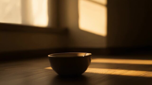 Minimalist bowl resting on a wooden floor, catching warm golden sunlight and creating peaceful shadows on the surface, evoking a tranquil and serene atmosphere in a domestic setting