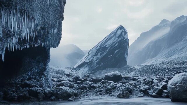 Frozen arctic landscape featuring a faceted crystalline monolith emerging from snow covered terrain, surrounded by ice covered rocks and distant glacial mountains under a cloudy sky
