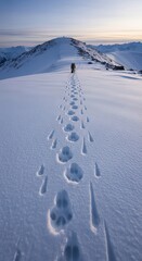 Naklejka premium Majestic mountain landscape with deep snowy trail and paw prints at dawn under soft colored sky in winter wilderness