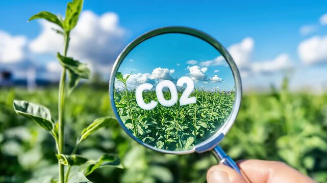 A hand holding a magnifying glass, revealing CO2 amidst lush greenery, emphasizing ecological balance, nature's vital oxygen cycle, environmental sustainability, green future vision