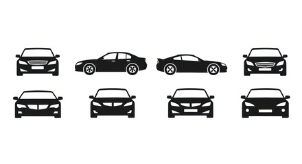 Set of Black Car Icons: Front and Side Views, Modern Automobiles