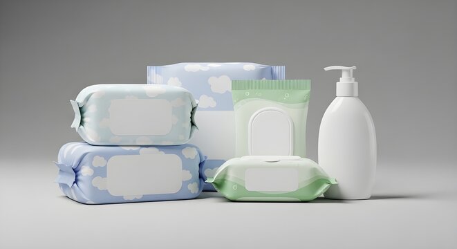 Assortment of essential baby hygiene products featuring multiple packs of soft, gentle wipes and a white pump bottle for lotion or soap, set against a clean, light background