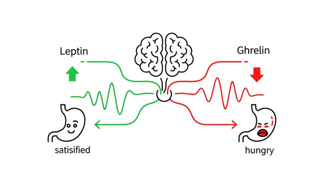 Brain hormones leptin and ghrelin regulate appetite, hunger, and satiety signals