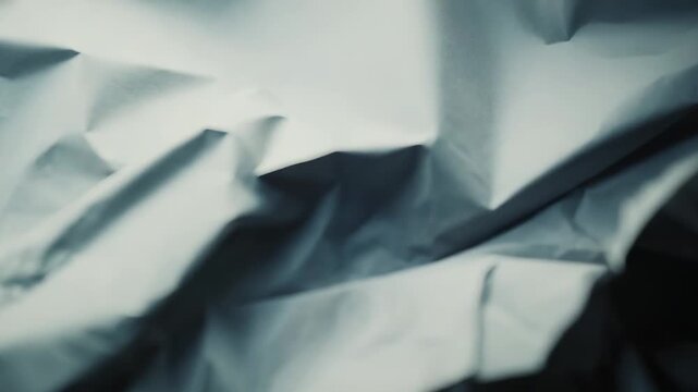 Crumpled gray paper with deep wrinkles, folds and moody shadows forming a textured, abstract backdrop ideal for grunge, vintage or high contrast design and creative backgrounds