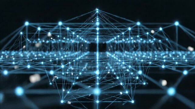 Complex network structure with interconnected nodes and lines.