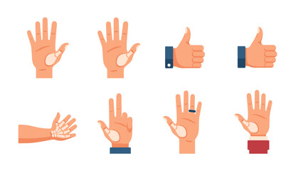 Fototapeta premium Hand gesture set with diverse poses and thumb variations in flat design