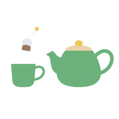 ティーポットとカップ、ティーバッグのシンプルなイラスト