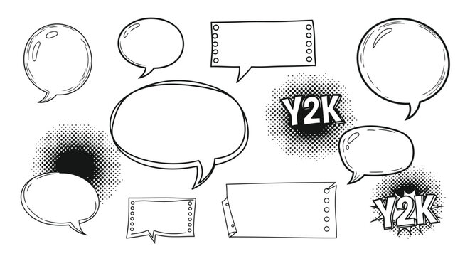 Trendy Y2K halftone comic speech bubble set with pop art elements