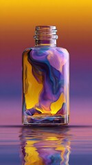 A captivating glass bottle with swirling colors reflecting on a serene water surface