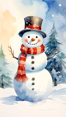 Obraz premium A cheerful snowman in a winter scene with trees