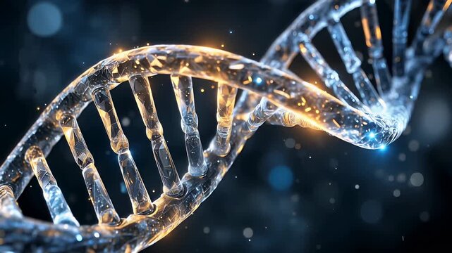 A glowing DNA double helix structure in a futuristic scientific environment. The concept of genetics, biotechnology, medical research, molecular science, and advanced healthcare innovation.