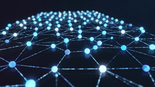 Network connections and data transfer represented by glowing blue nodes and lines.