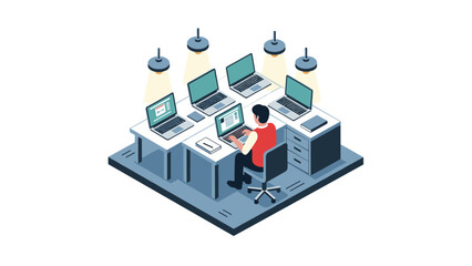 Isometric office workspace with multiple computers and desk lamps