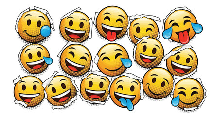 Obraz premium Comic Style Funny Emoji Faces Collection with Halftone Effect