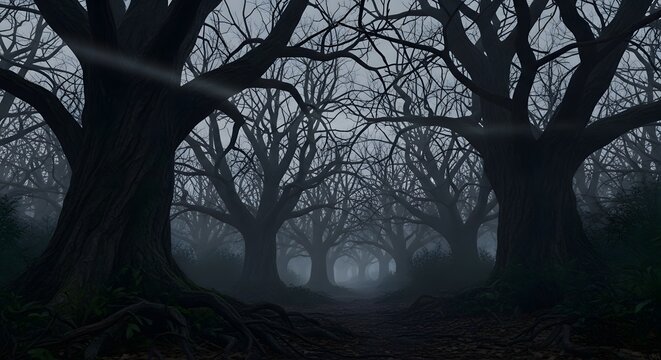 Mysterious foggy forest with bare trees and twisted roots viewed from a dark pathway