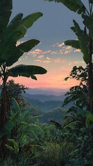 A serene tropical landscape with a stunning sunset view in the distance