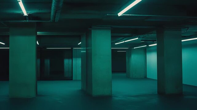 Empty underground parking with glowing teal neon lights casting cool illumination across concrete pillars and ducts, creating an eerie, minimalist liminal urban space