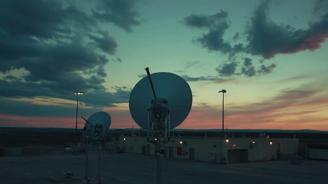 Satellite dishes standing tall against a colorful sunset sky, transmitting and receiving essential global data and managing telecommunications networks