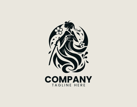 An elegant, stylish woman in traditional Japanese clothing holding a katana black vector logo illustration