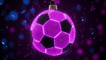 Fototapeta premium Glowing purple soccer ball ornament sparkles with neon light against a dark background
