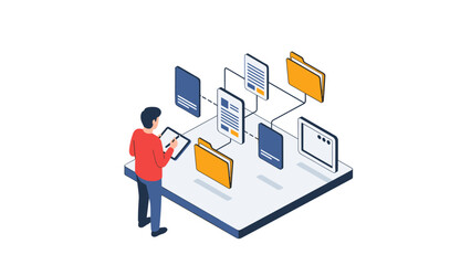Isometric digital file management concept with person interacting on tablet
