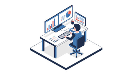Fototapeta premium Isometric workspace: analyzing data on dual monitors with modern office setup
