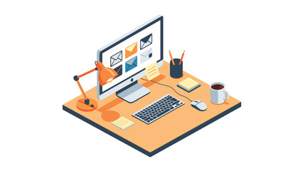 Isometric office desk setup with computer and office supplies