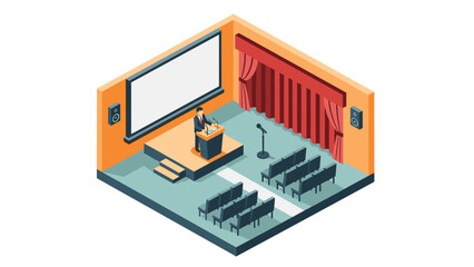 Obraz premium Isometric conference room interior with speaker on podium and red curtain stage
