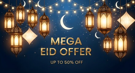 Eid celebration with lanterns and crescent moons under starry night sky with mega discount offer