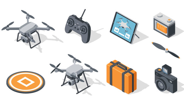 Isometric drone equipment set: control, accessories, tech gadgets in modern design