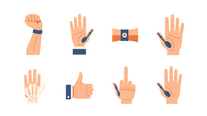 Fototapeta premium Diverse hand gestures in modern flat style with smart tracker bands