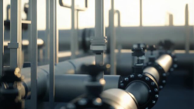 Industrial pipeline system featuring metal pipes, flanged connections, and valves for managing the flow of natural gas or crude petroleum production in an energy refinery facility