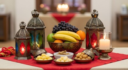 A warmly lit table setting with a bowl of fresh fruit and decorative lanterns for a cozy ambiance