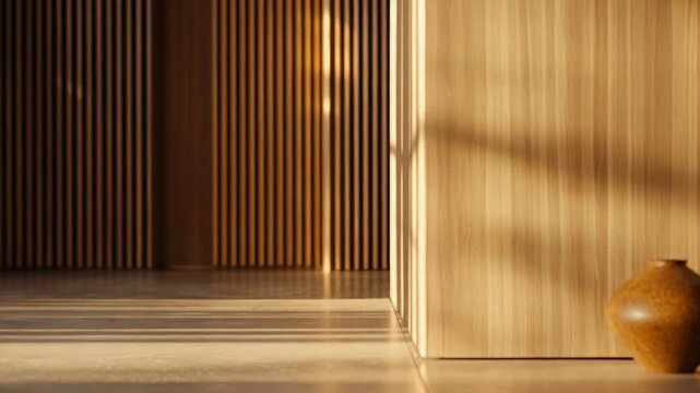 Minimalist interior design features two ceramic pottery pieces resting on a floor with warm sunlight casting abstract shadows on light wood paneled walls, creating a serene and zen atmosphere