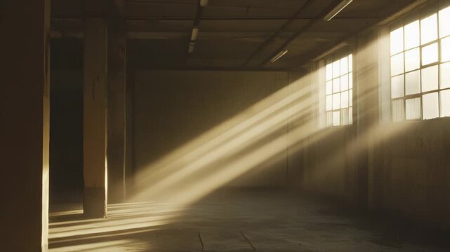 Empty industrial warehouse interior receiving strong sunbeams through old windows, creating atmospheric dust streaks and patterns of light and shadow on the concrete floor and pillars
