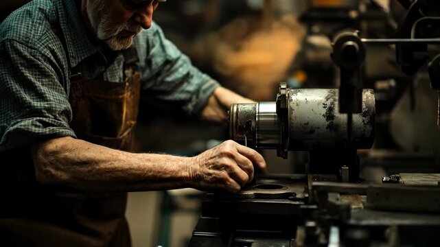 Elderly worker labor: senior person, factory task, manufacturing duty, metal machine, industrial noise, aging strength, daily routine, physical strain, economic issue, retirement policy, social