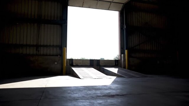 Wide interior view of an empty warehouse with an open loading dock door and bright sunlight streaming into the dark industrial storage space.