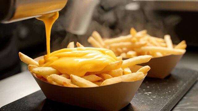 Delicious cheese sauce being poured over crispy golden french fries in a takeout container, a tempting snack