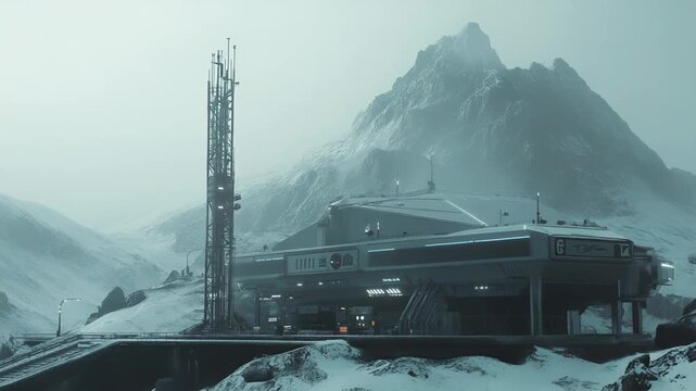 Futuristic habitat creating a remote scientific research facility and communications base structure in a desolate, snow covered, and cold mountain environment