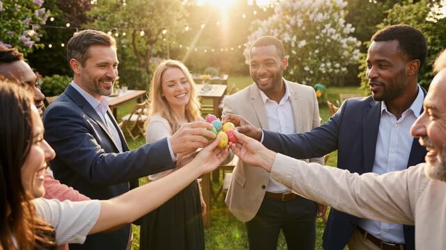 Group of elegant friends holding Easter eggs together in sunny garden. Diverse people celebrating at outdoor spring party