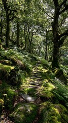 A serene and enchanting forest path covered in vibrant green moss and foliage