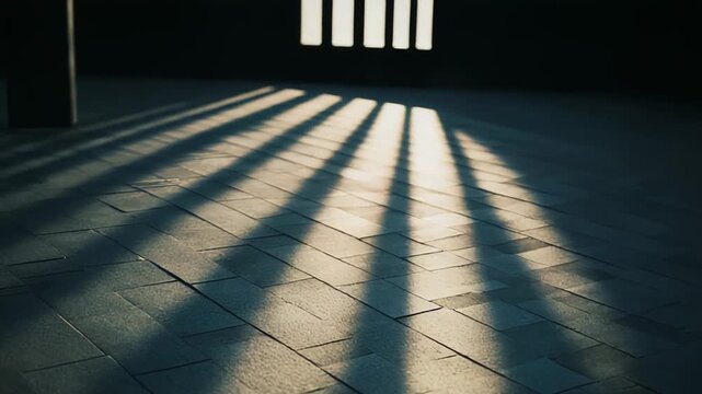 Sunlight beams creating strong diagonal shadows across geometric tiles on a textured outdoor ground, highlighting abstract patterns of light and dark during a calm sunrise or sunset