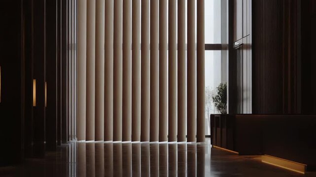 Modern luxury hotel lobby with minimalist architecture, floor to ceiling windows, vertical blinds and polished marble floors reflecting warm ambient light for an elegant, sophisticated feel