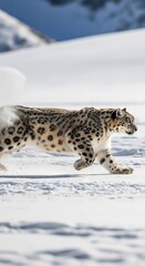 Fototapeta premium Snow leopard stealthily traverses pristine snowy landscape in majestic mountain habitat